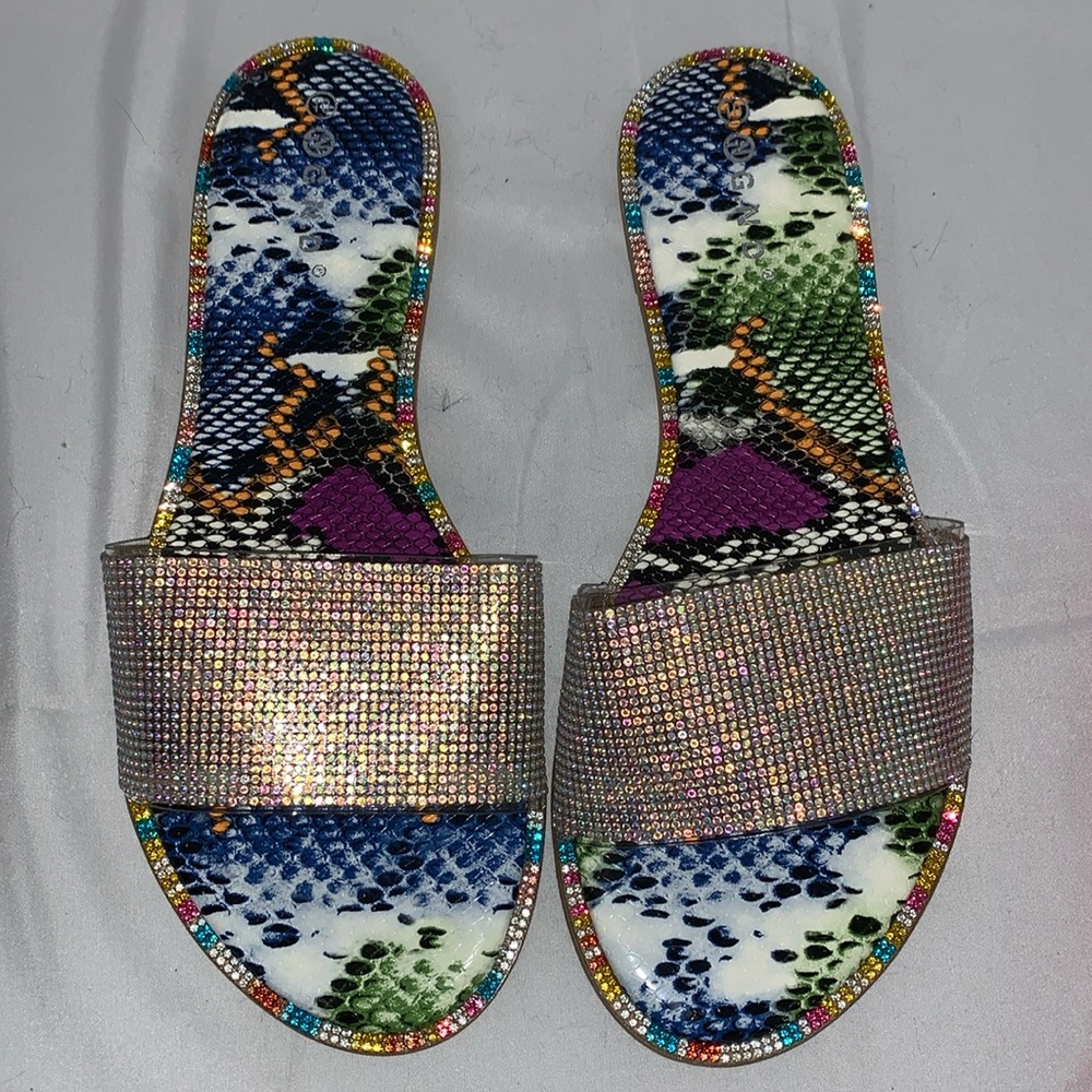SNAKE PRINT RHINESTONE SLIDES
